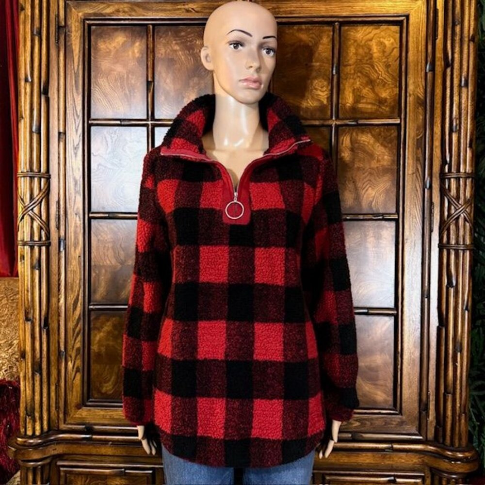 Angashion Red Buffalo Check Plaid Fleece Teddy O-Ring Quarter Zip Top